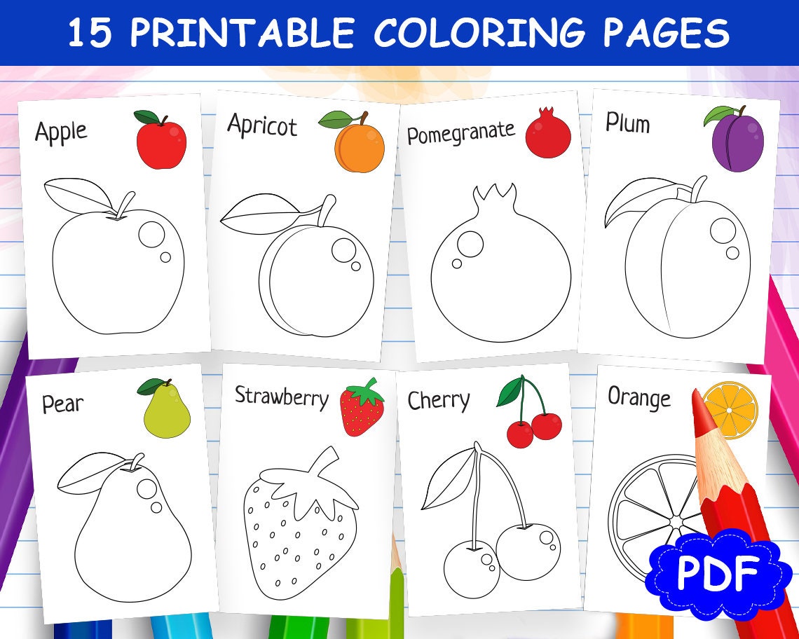 15 Fruits Coloring Pages, Fruit Coloring Pages, Fruit Coloring Book for