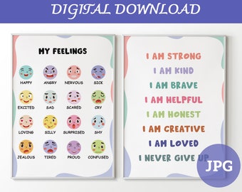 Feelings Poster, Emotions Chart, Playroom Wall Art, Classroom Art, Educational Posters,My Feelings Print, Emotions Emojis,  Feeling Chart,
