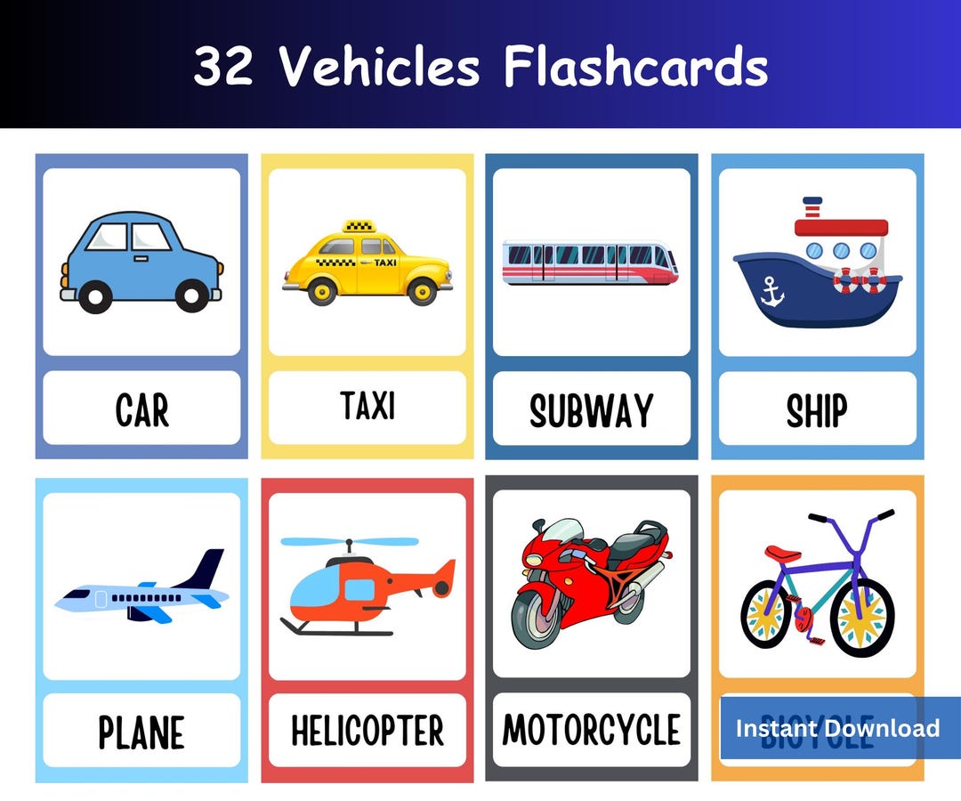 32枚の乗り物フラッシュカード（幼児向け）、乗り物学習、乗り物カード