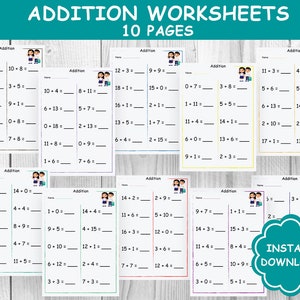 10 Printable Addition Worksheets,  Preschool-2nd Grade Math, Preschool Addition,Addition printable,Classroom -Homeschool -Educational math,