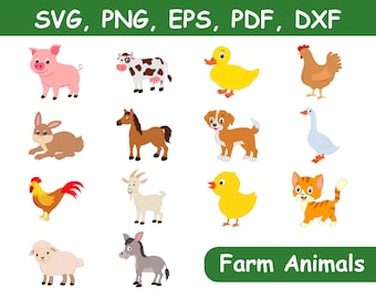 14 Farm Animals Clipart Bundle, Farm Animals SVG Bundle, 14 Adorable Animal Designs, Digital Farm Animal Collection, Cute Farm Animals