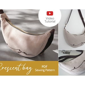 Könnte beinhalten: Eine beige, halbmondförmige Tasche mit einem braunen Riemen und einem Reißverschluss. Die Tasche hat ein braunes gesticktes Design mit der Aufschrift "you". Die Tasche ist ein PDF-Schnittmuster.