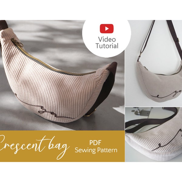 Modèle de couture Crescent Bag, modèle de couture numérique PDF avec tutoriel YouTube | Sac en velours côtelé | Sac banane | Sac quotidien | DIY
