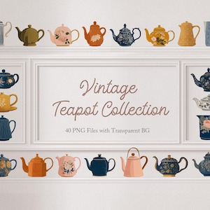 Könnte beinhalten: Eine Sammlung von Vintage-Teekannen in verschiedenen Farben und Designs, darunter Blumenmuster und einfarbige Töne. Die Teekannen sind auf einem weißen Regal angeordnet, mit dem Text "Vintage Teapot Collection" und "40 PNG Files with Transparent BG".