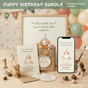 Könnte beinhalten: Ein Party-Bundle zum Thema Welpengeburtstag mit editierbaren und druckbaren Vorlagen. Enthält ein gerahmtes Schild, eine Einladung, einen Telefonbildschirm, eine Geschenktüte und Aufkleber. Der Text lautet "Willkommen zu Liams Wild One Party!"