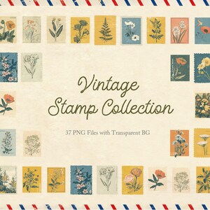 Puede incluir: Colección de sellos postales vintage con ilustraciones botánicas de diversas flores y plantas. Los sellos son de color amarillo, azul y rosa, sobre un fondo crema. El texto "Vintage Stamp Collection" se muestra en el centro.