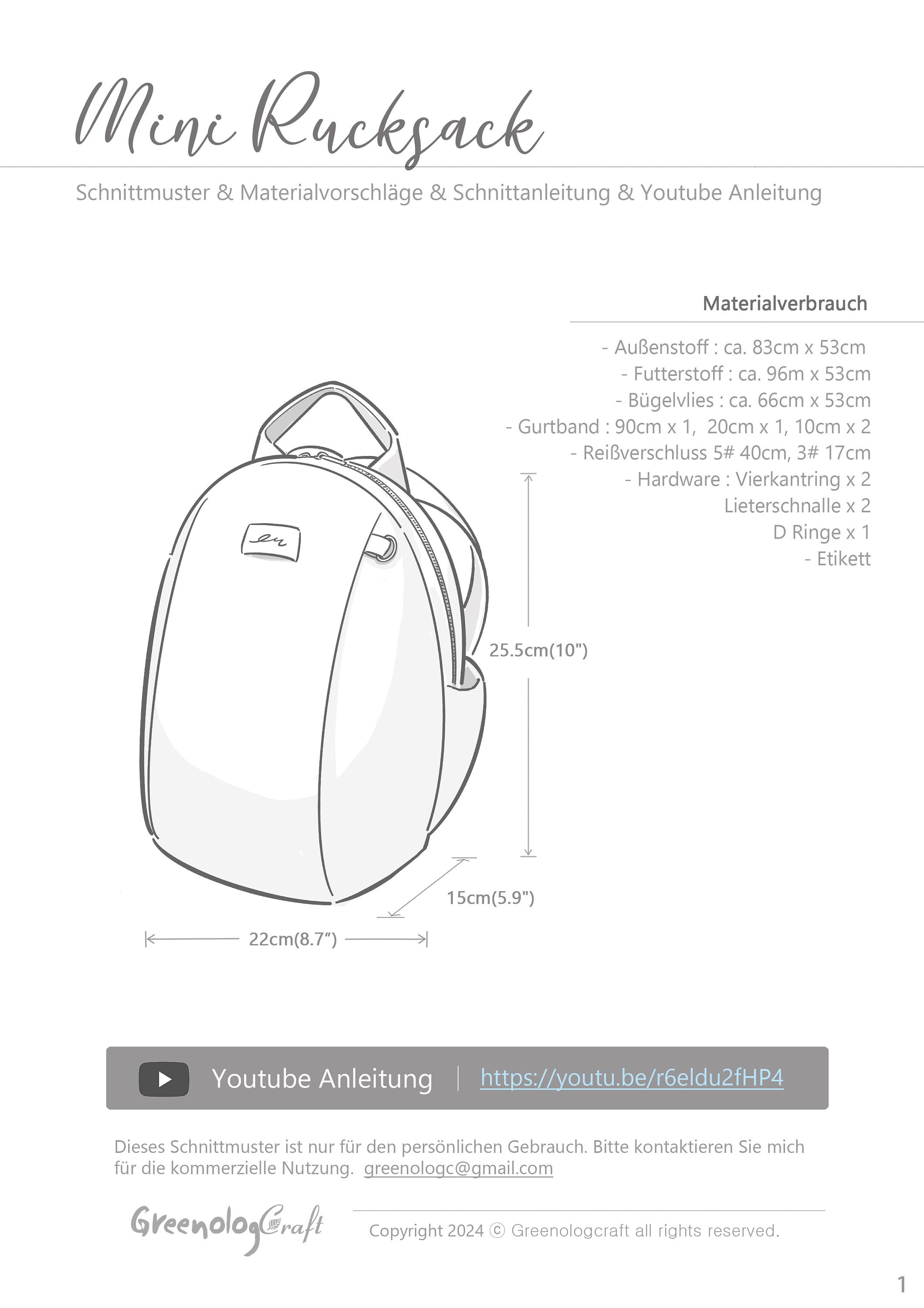 Mini Backpack Sewing Pattern, PDF Digital Sewing Pattern With Youtube ...