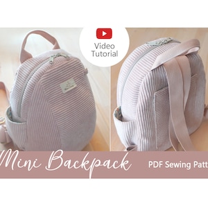 Könnte beinhalten: Ein rosa Cord-Minirucksack mit Reißverschluss und verstellbaren Trägern. Der Rucksack hat eine kleine Tasche auf der Vorderseite. Video-Tutorial und PDF-Schnittmuster.