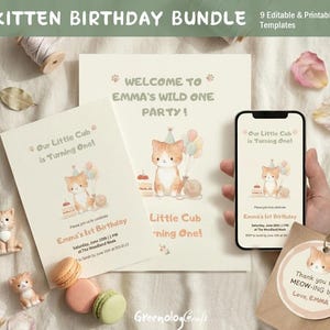 Könnte beinhalten: Ein Kätzchen-Geburtstagsset mit bearbeitbaren und druckbaren Vorlagen, die eine Cartoon-Katze, Luftballons und einen Kuchen zeigen. Der Text umfasst Welcome to Emma's Wild One Party, Our Little Cub is Turning One und Thank you for MEOW-ING by.