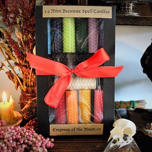 Può includere: Una scatola nera con 14 mini candele magiche in cera d'api legate con un nastro rosso. Le candele sono di vari colori, tra cui blu, verde e rosso. La scatola riporta la scritta "14 Mini Beeswax Spell Candles" e "Empress of the Moon.co".