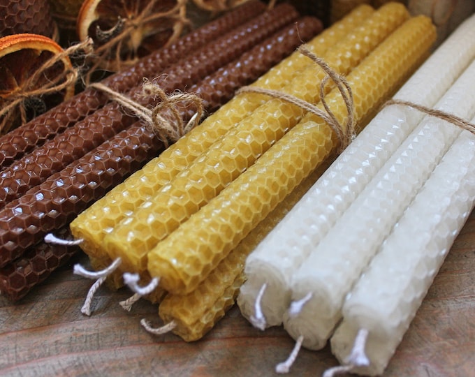 Hand-Rolled Beeswax Taper Candles: Natural Organic Thin Candles - Set of 6