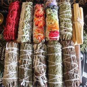 Smudge Sticks/Saining Sticks - 4 Inch Herb Bundles, Juniper, Cedar, Palo Santo, White Sage, Yerba Santa, Mugwort, Rosemary, Dragons Blood