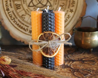 Samhain Beeswax Spell Candle Set - Black & Orange Ritual Candles, Halloween Altar Decor.
