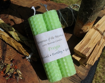 Green Rolled Beeswax Spell Candles: Freyja, Fertility, Good Luck