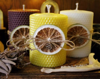 Vela de pilar de cera de abejas 100 % pura / Enrollada a mano /