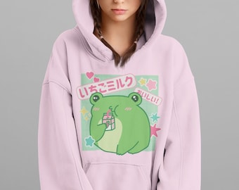 Kawaii Frosch Hoodie - Erdbeermilch Hoodie - Kawaii Sweatshirt - Süßer japanischer Hoodie