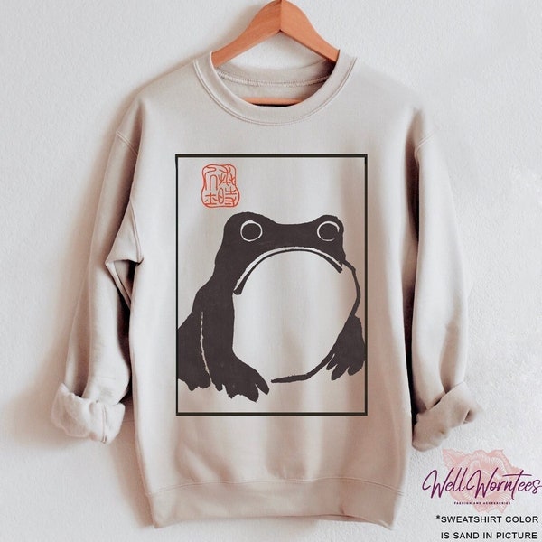 Unimpressed Frog Sweatshirt- Japanese Aesthetic by Matsumoto Hoji, Organic Unisex Sweatshirt, Vintage Style Art Sweatshirt