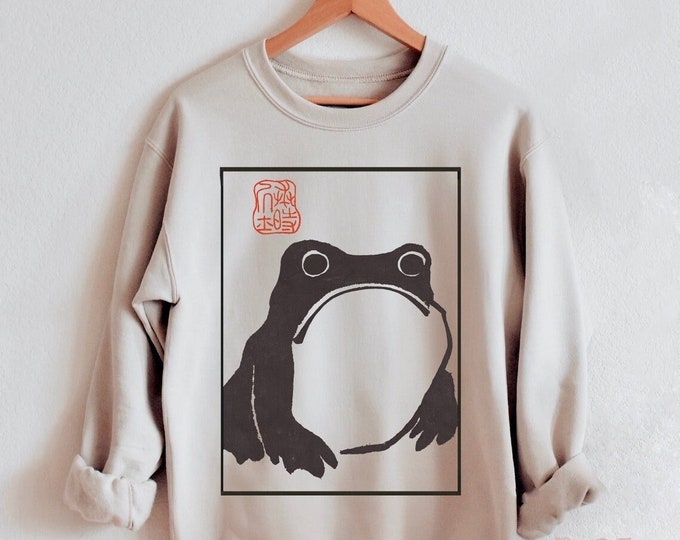 Unimpressed Frog Sweatshirt- Japanese Aesthetic by Matsumoto Hoji, Organic Unisex Sweatshirt, Vintage Style Art Sweatshirt
