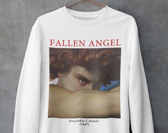 May include: White sweatshirt with a red print of the words "Fallen Angel" and a painting of an angel with red hair and blue eyes. The painting is by Alexandre Cabanel (1847).