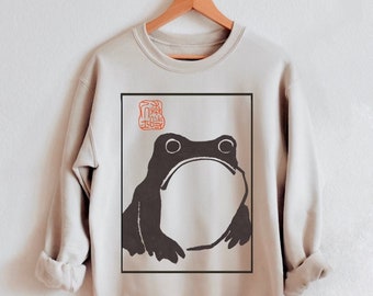 Unimpressed Frog Sweatshirt - Tshirt Grumpy Frog Tshirt  - cottagecore Japanese Aesthetic by Matsumoto Hoji, Vintage Style Art Sweatshirt