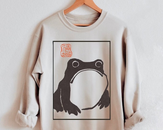 Unimpressed Frog Sweatshirt - Tshirt Grumpy Frog Tshirt  - cottagecore Japanese Aesthetic by Matsumoto Hoji, Vintage Art Sweatshirt