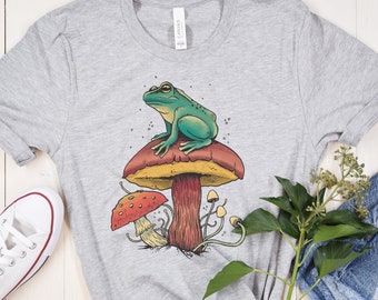 Frog On Top Of Mushroom Cottage core Aesthetic Unisex Tshirt, Cottagecore Clothing, Frog Shirt, Fantasy shirt, mushroom shirt