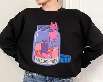 Moletom unissex antidepressivo de gato, moletom de gato, moletom de anime kawaii