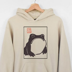 Unimpressed Frog hoodie Grumpy Frog hoodie Japanese Aesthetic by Matsumoto Hoji, Unisex hoodie, Vintage Style Art hoodie Sand