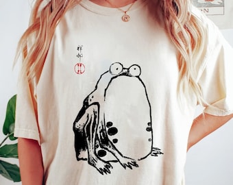 Camiseta unisex de rana gruñona, camiseta de arte japonés estético, camiseta de estilo vintage, camiseta de rana poco impresionada, diseño de Matsumoto Hoji