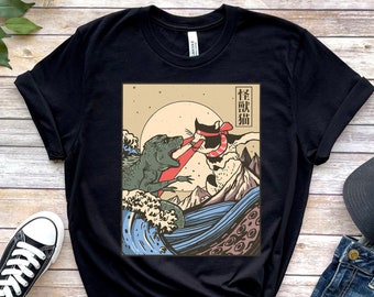 Kaiju Vs Cat shirt, neko, Japanese Vintage Japan Shirt, Manga Anime Retro Vintage 80s Aesthetic Clothing Unisex