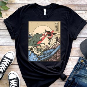 Kaiju Vs Cat shirt, neko, Japanese Vintage Japan Shirt, Manga Anime Retro Vintage 80s Aesthetic Clothing Unisex
