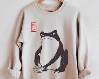 Grumpy Frog Sweatshirt - Unisex Vintage Style Art Crewneck, Matsumoto Hoji Japanese Aesthetic, Cottagecore Top, Unimpressed Frog Jumper,