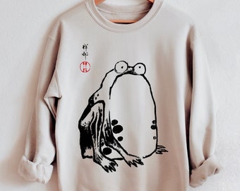 Sudadera de rana gruñona, arte vintage, jersey unisex de cuello redondo, estética japonesa, ropa cottagecore, diseño de Matsumoto Hoji