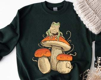 Frog With Mushroom Cottage core Aesthetic Unisex sweatshirt, Cottagecore Clothing, Frog sweatshirt, Fantasy shirt, mushroom shirt sweatshirt