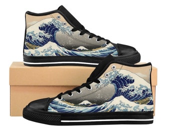 The Great Wave Custom Sneakers, Kanagawa Custom Shoes, Katsushika Hokusai Hand Painted Shoes, High top, Christmas Gift