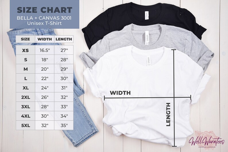 May include: Size chart for Bella + Canvas 3001 unisex t-shirts. The chart shows the width and length measurements in inches for sizes XS to 5XL.