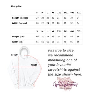 May include: Size chart for a hoodie with measurements in inches and centimetres. The chart shows the length and width of the hoodie in different sizes, from small to 5XL. The chart also includes a diagram of a hoodie with the length and width labelled.