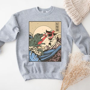 Kaiju Vs Cat Sweatshirt, neko, Japanese Vintage Japan Sweatshirt, Manga Anime Retro Vintage 80s Aesthetic Clothing Unisex image 2