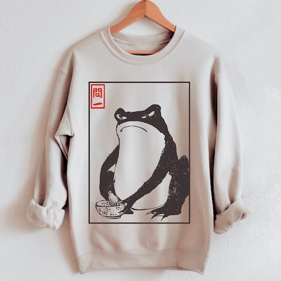 Grumpy Frog Unisex Sweatshirt - Vintage Style Art, Japanese Aesthetic, Cottagecore Jumper - Matsumoto Hoji Design