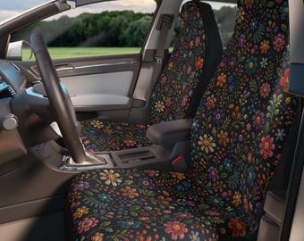 Faux Floral Car Seat Covers - Folk Art Wildflower Auto Accessories - Boho Vehicle Decor - Colorful Botanical Car Seats