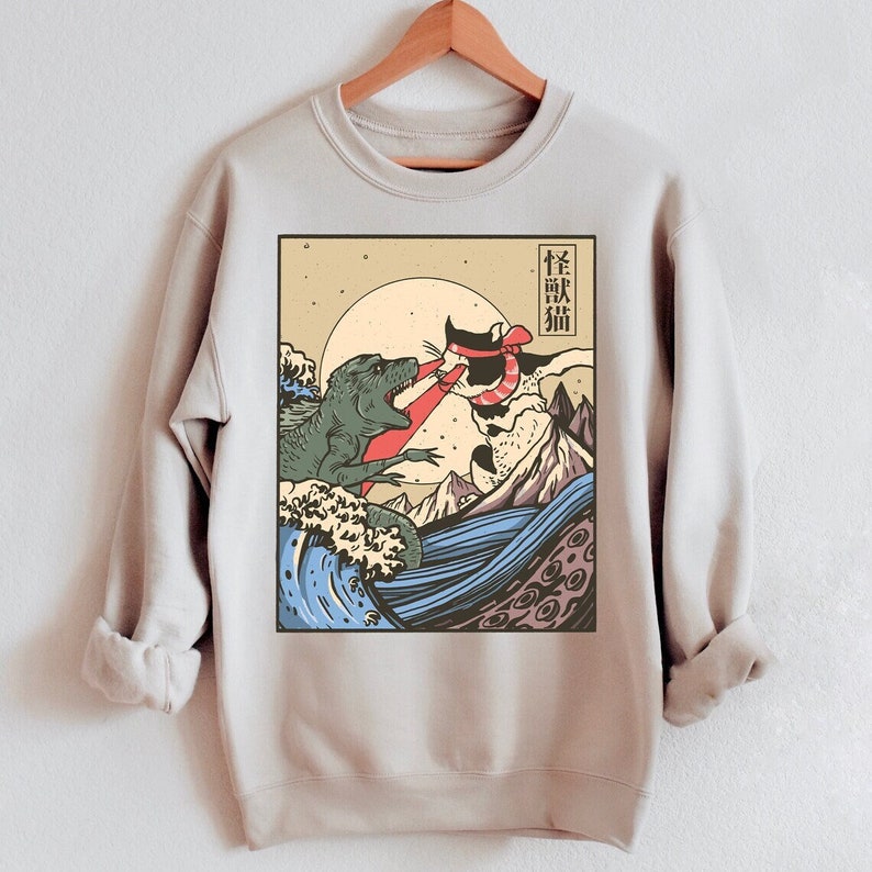 Kaiju Vs Cat Sweatshirt, neko, Japanese Vintage Japan Sweatshirt, Manga Anime Retro Vintage 80s Aesthetic Clothing Unisex image 3