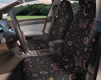 Whimsigoth Car Seat Covers - Purple Moth Auto Accessories - Celestial Moon and Stars Vehicle Decor - Witchy Dark Botanical Car Seats