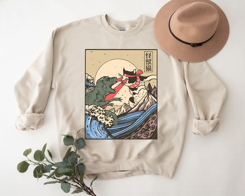 Kaiju Vs Cat Sweatshirt, neko, Japanese Vintage Japan Sweatshirt, Manga Anime Retro Vintage 80s Aesthetic Clothing Unisex image 1