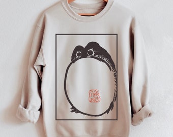 Sudadera de rana gruñona, rana despreocupada, arte vintage, estética japonesa cottagecore, Matsumoto Hoji, sudadera de cuello redondo, amante de las ranas