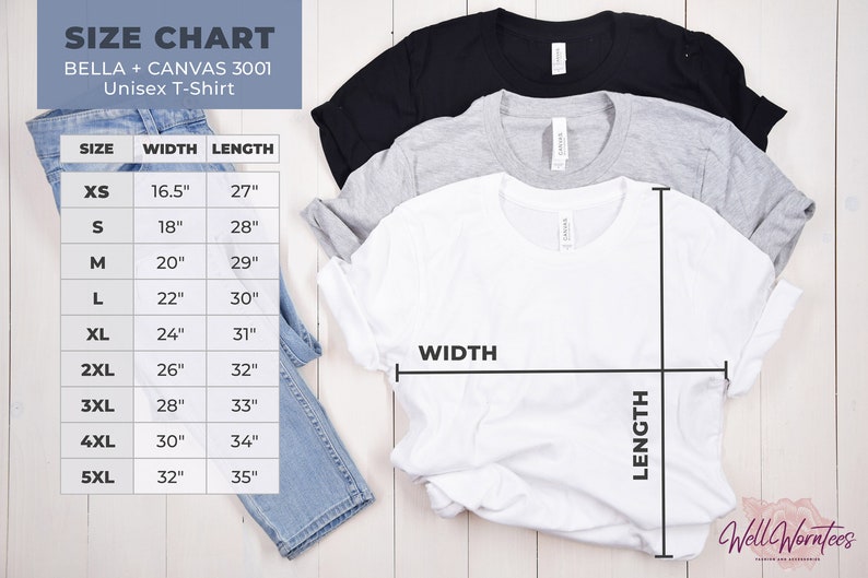 May include: Size chart for Bella + Canvas 3001 unisex t-shirts. The chart shows the width and length measurements in inches for sizes XS to 5XL.