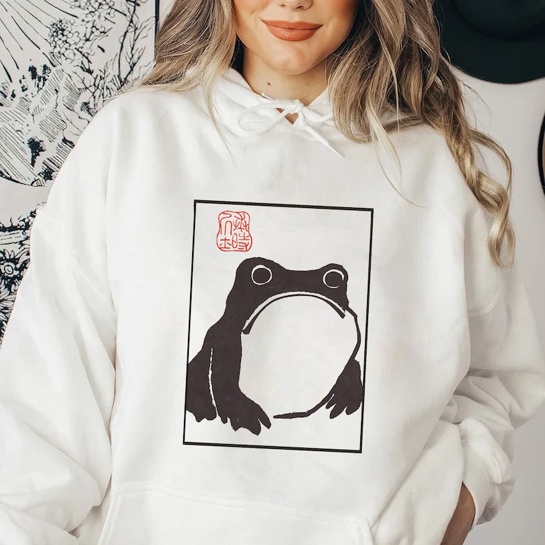 Unimpressed Frog hoodie Grumpy Frog hoodie Japanese Aesthetic by Matsumoto Hoji, Unisex hoodie, Vintage Style Art hoodie White