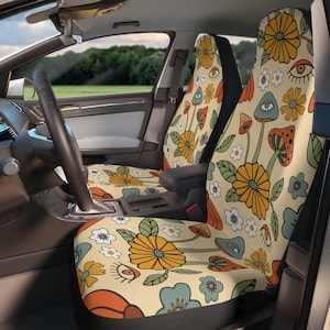 Housses de siège d’auto Mushroom pour femmes Universal Fit, housse de siège florale rétro boho, housse de siège colorée mignonne pour véhicule de voiture, yeux mystiques maléfiques