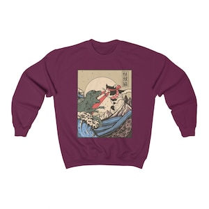 Kaiju Vs Cat Sweatshirt, neko, Japanese Vintage Japan Sweatshirt, Manga Anime Retro Vintage 80s Aesthetic Clothing Unisex image 8