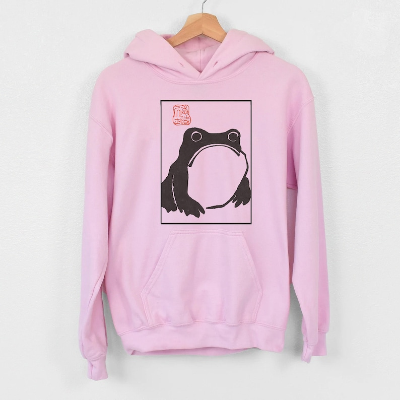 Unimpressed Frog hoodie Grumpy Frog hoodie Japanese Aesthetic by Matsumoto Hoji, Unisex hoodie, Vintage Style Art hoodie Light Pink