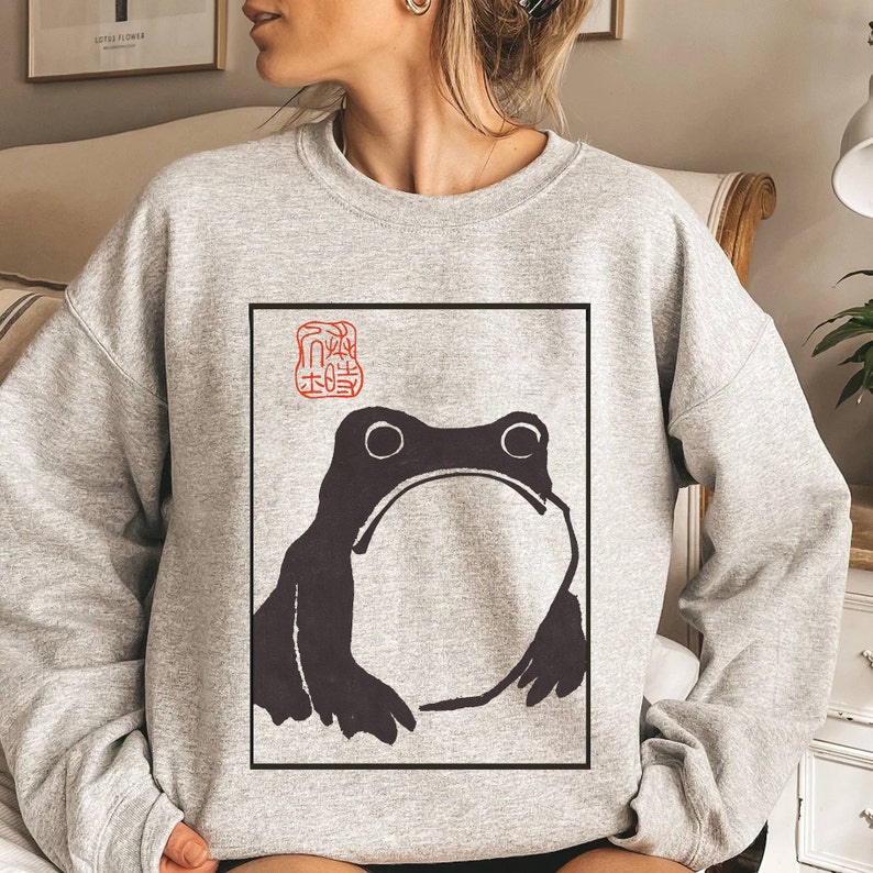 Unimpressed Frog Sweatshirt Japanese Aesthetic by Matsumoto Hoji, Organic Unisex Sweatshirt, Vintage Style Art Sweatshirt image 3